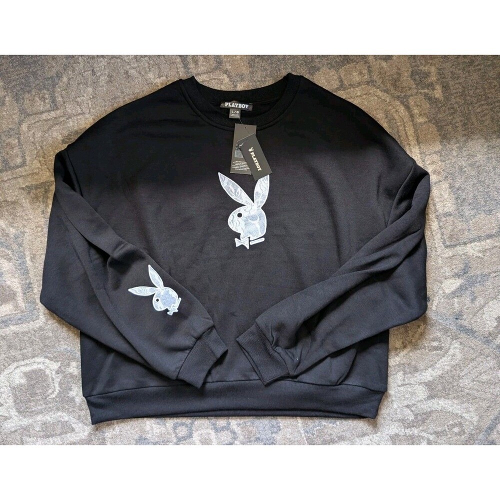 Playboy Sweatshirt Large Lace Black Lounge Wear Bunny Comfort  Women's